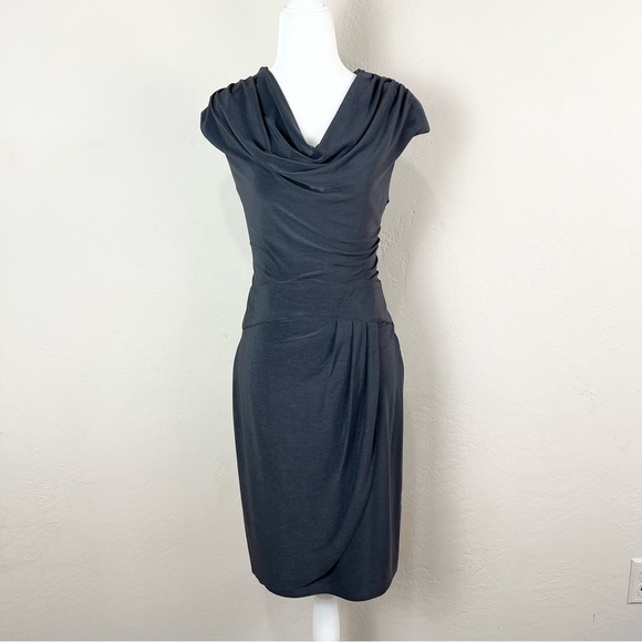 Komarov Slinky Gray Cowl Neck Knee Length Cap‎ Sleeve Sheath Dress Size Medium - Picture 1 of 12